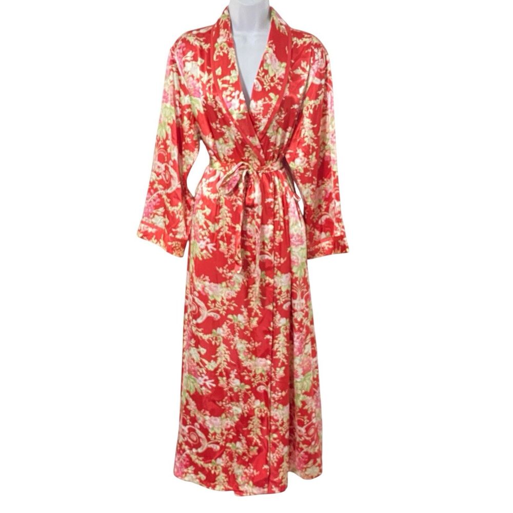 Oscar De La Renta Pink Label L satin Robe Rose Red Floral Dressing Gown tie belt